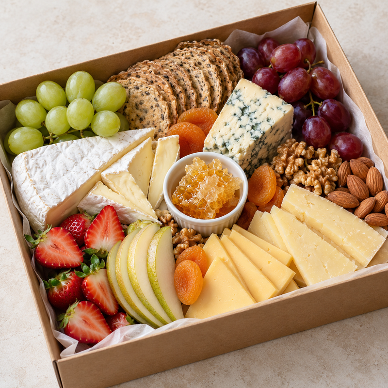 AI-generated serving suggestion — cheese platter box