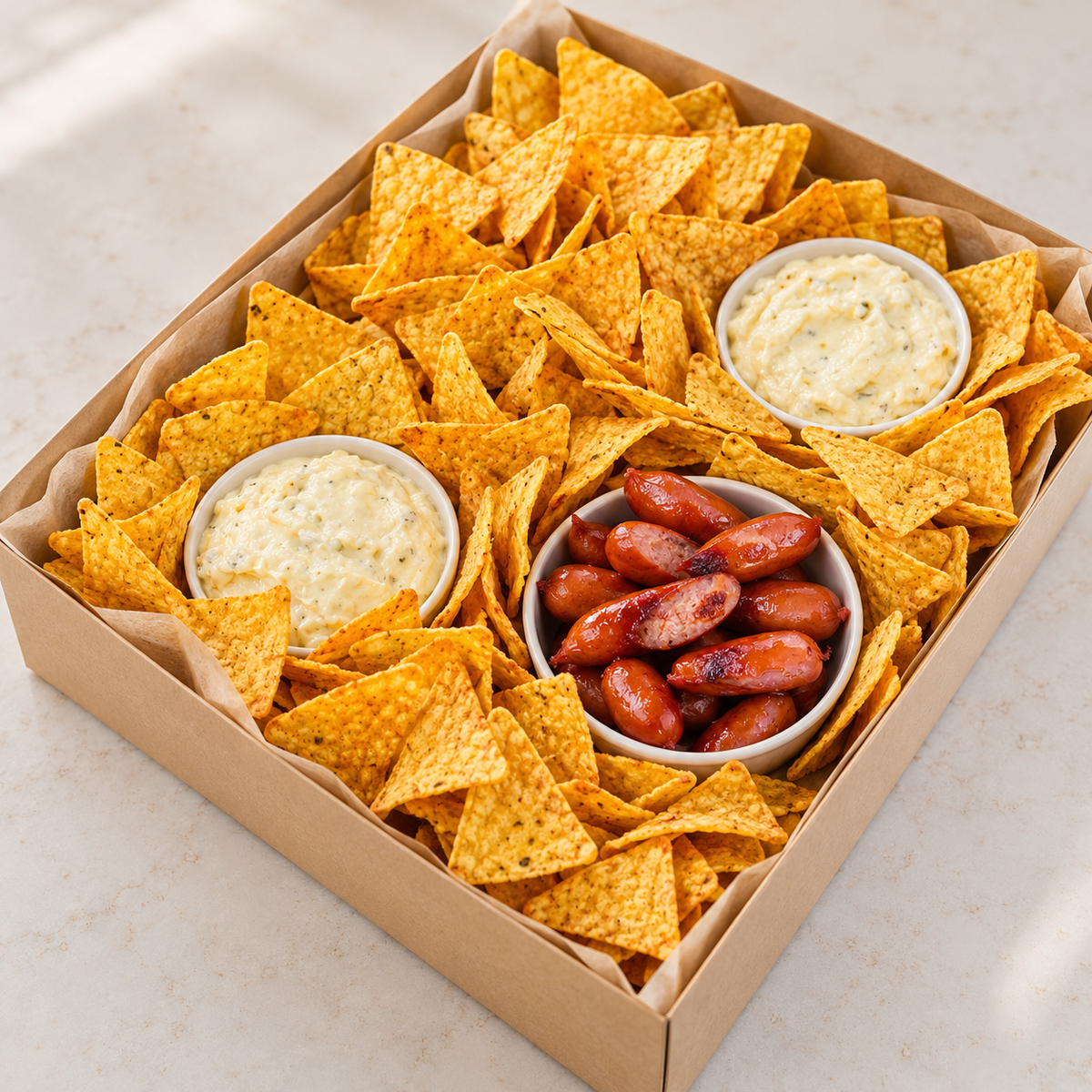 AI-generated serving suggestion — nacho platter box
